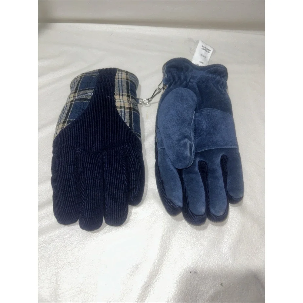 VINTAGE WELLS LAMONT HOTFINGERS MEN GLOVES SIZE LARGE BLUE PLAID LINING ACRYIC